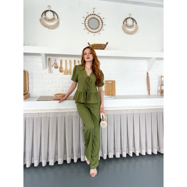 Çilek Kumaş Önden Bağlamalı Takım Yeşil