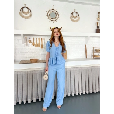 Çilek Kumaş Önden Bağlamalı Takım Açık Mavi
