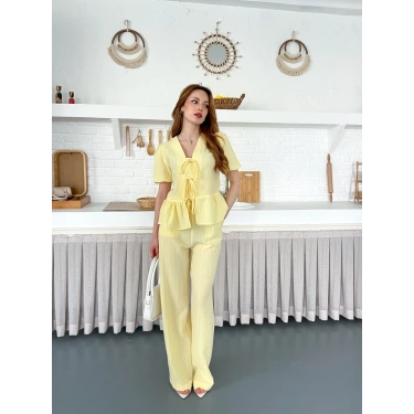 Çilek Kumaş Önden Bağlamalı Takım Sarı