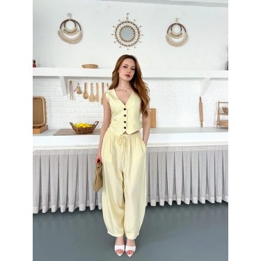 Çilek Kumaş Yelekli Takım Sarı