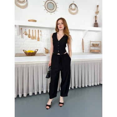 Çilek Kumaş Yelekli Takım Siyah