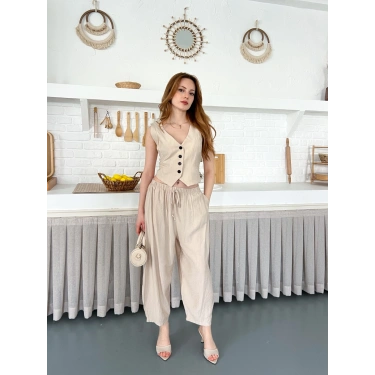 Çilek Kumaş Yelekli Takım Bej