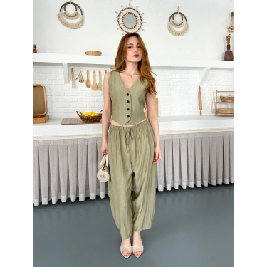 Çilek Kumaş Yelekli Takım Haki