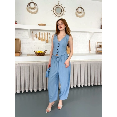 Çilek Kumaş Yelekli Takım Mavi