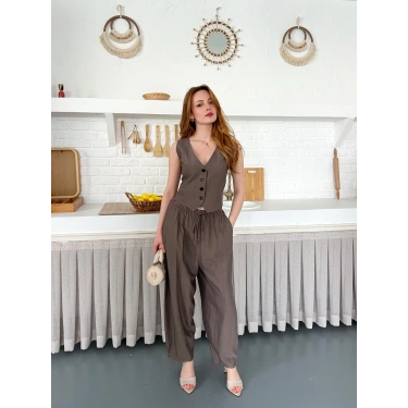 Çilek Kumaş Yelekli Takım Kahve