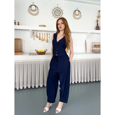 Çilek Kumaş Yelekli Takım Lacivert