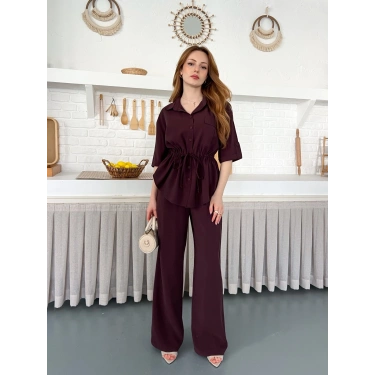 Modal Kumaş Bel Büzgü Detaylı Rahat Takım Mürdüm