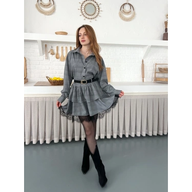 Kemer Detaylı Ekose Kumaş Dantel Etekli Takım Gri