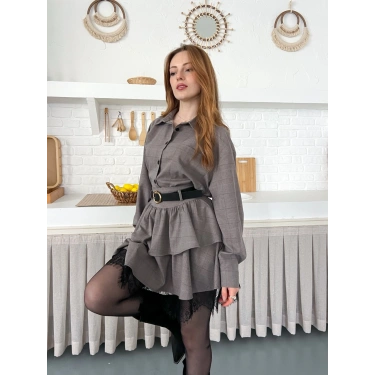 Kemer Detaylı Ekose Kumaş Dantel Etekli Takım Kahve