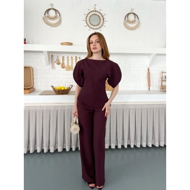 Omuz Detaylı Pantolonlu Takım Mürdüm