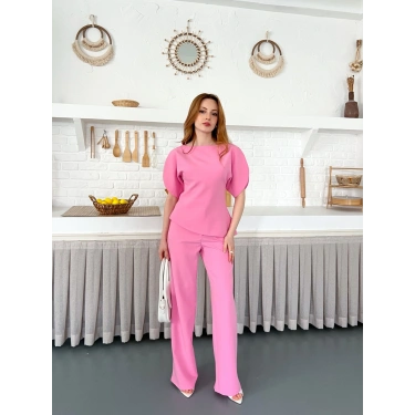 Omuz Detaylı Pantolonlu Takım Pembe