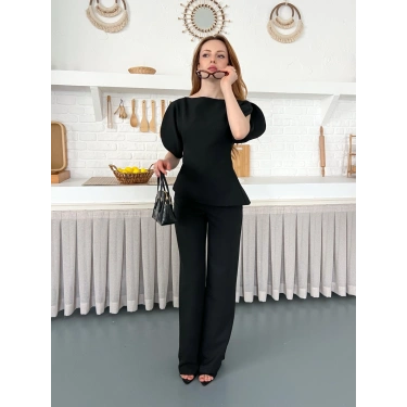 Omuz Detaylı Pantolonlu Takım Siyah