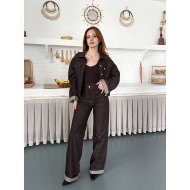 Kontrast Dikiş Detaylı Denim Takım Kahve