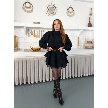 Arka Bağlama Detaylı Dantelli Elbise Siyah