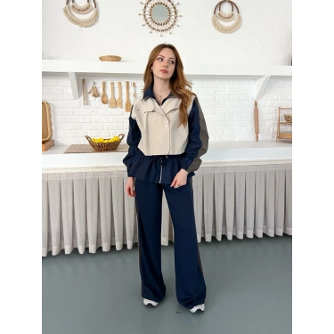 Blok Renk Tasarımlı Çıtçıt Detaylı Bel Lastikli Takım Bej