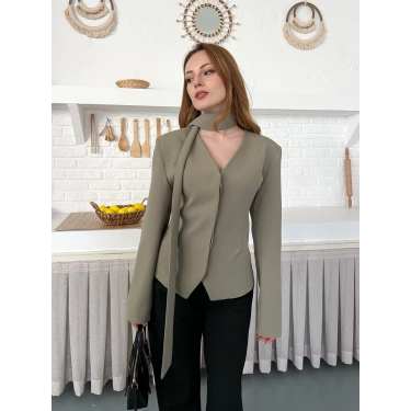 Fular Detaylı Düğmeli Ceket Haki