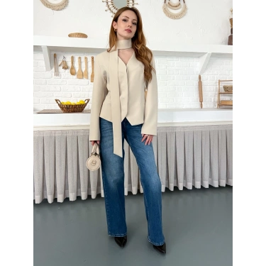 Fular Detaylı Düğmeli Ceket Bej