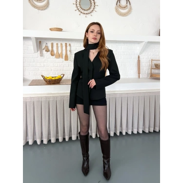 Fular Detaylı Düğmeli Ceket Siyah
