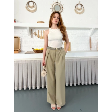 Kemerli Yüksek Bel Bol Paça Pantolon Haki