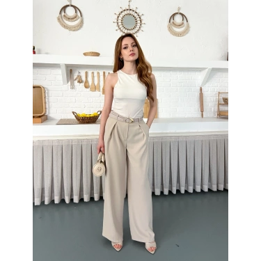 Kemerli Yüksek Bel Bol Paça Pantolon Bej