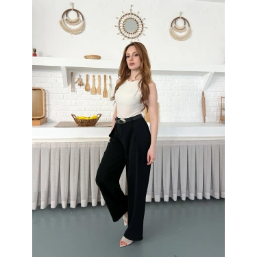 Kemerli Yüksek Bel Bol Paça Pantolon Siyah
