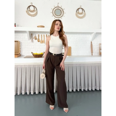 Kemerli Yüksek Bel Bol Paça Pantolon Kahve