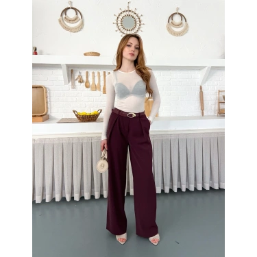 Kemerli Yüksek Bel Bol Paça Pantolon Mürdüm