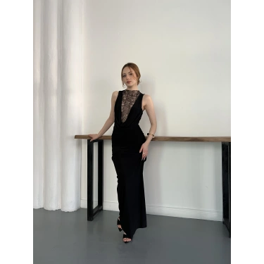 Dantel Detaylı Drapeli Couture Gece Elbisesi Siyah