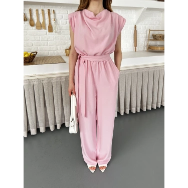 Kuşaklı Yaka Detaylı Zarif Tulum Pembe