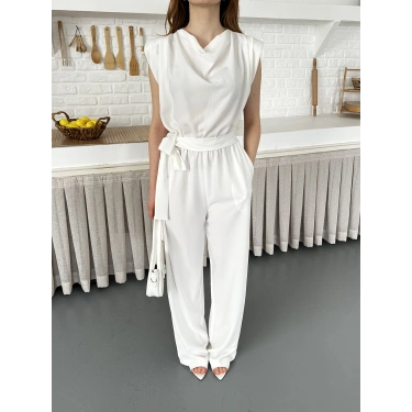 Kuşaklı Yaka Detaylı Zarif Tulum Beyaz