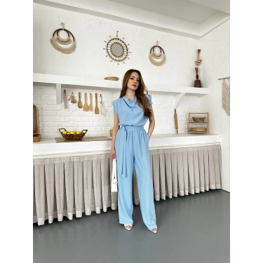 Kuşaklı Yaka Detaylı Zarif Tulum Turkuaz