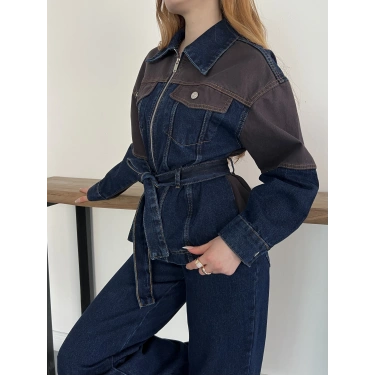 Bel Kuşaklı Fermuar Detaylı Denim Takım