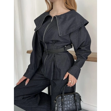 Yaka Detaylı Fermuarlı Tasarım Denim Takım Lacivert