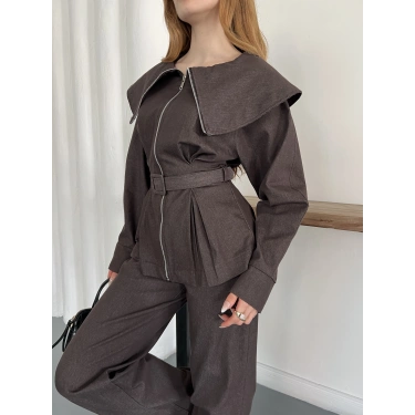 Yaka Detaylı Fermuarlı Tasarım Denim Takım Kahve