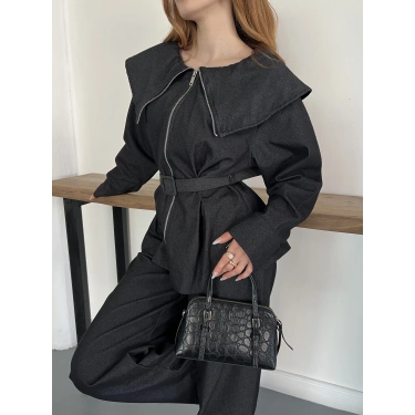 Yaka Detaylı Fermuarlı Tasarım Denim Takım Siyah