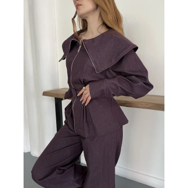 Yaka Detaylı Fermuarlı Tasarım Denim Takım Bordo