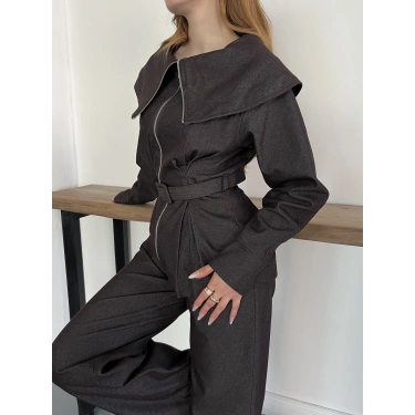 Yaka Detaylı Fermuarlı Tasarım Denim Takım Acı Kahve