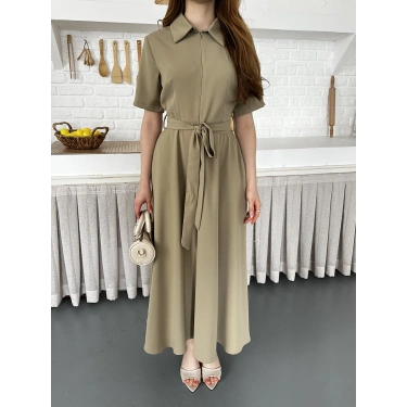 Ön Fermuar Detaylı Bel Kuşaklı Modal Kumaş Elbise Yeşil