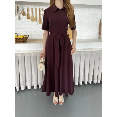 Ön Fermuar Detaylı Bel Kuşaklı Modal Kumaş Elbise Bordo