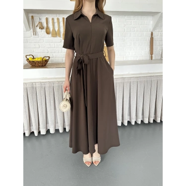 Ön Fermuar Detaylı Bel Kuşaklı Modal Kumaş Elbise Kahve