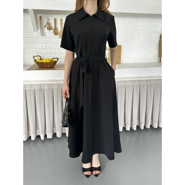 Ön Fermuar Detaylı Bel Kuşaklı Modal Kumaş Elbise Siyah