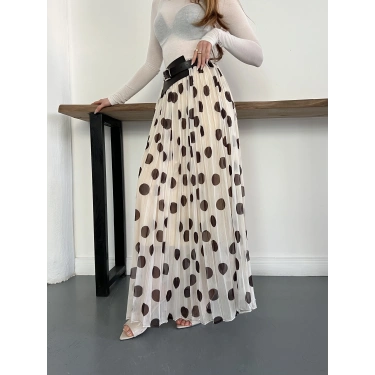 Puantiyeli Kemer Detaylı Astarlı Etek Bej