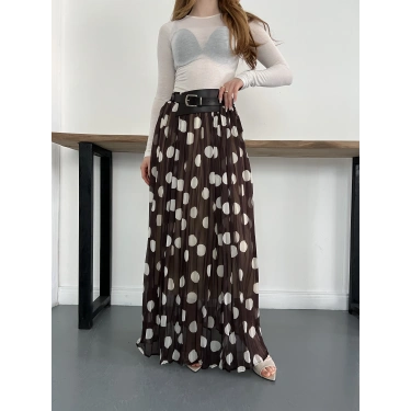 Puantiyeli Kemer Detaylı Astarlı Etek Kahve