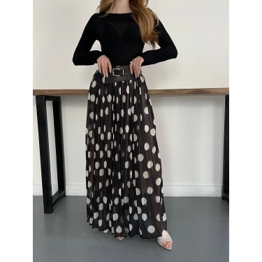 Puantiyeli Kemer Detaylı Astarlı Etek Siyah