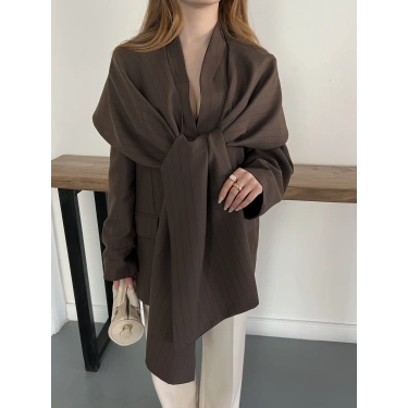 Çizgi Desen Önden Bağlamalı Tasarım Ceket Kahve