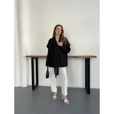 Çizgi Desen Önden Bağlamalı Tasarım Ceket Siyah