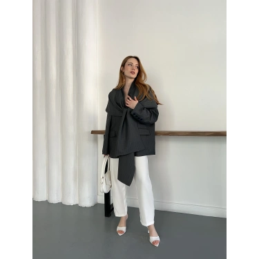 Çizgi Desen Önden Bağlamalı Tasarım Ceket Gri