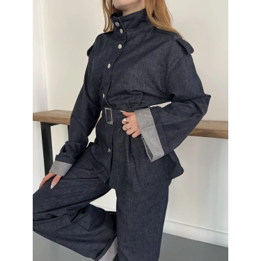 Kemerli Düğme Detaylı Yüksek Yaka Denim Takım Lacivert