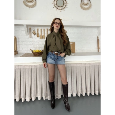 Fular Yaka Detaylı Oversize Gömlek Yeşil