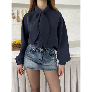 Fular Yaka Detaylı Oversize Gömlek Lacivert